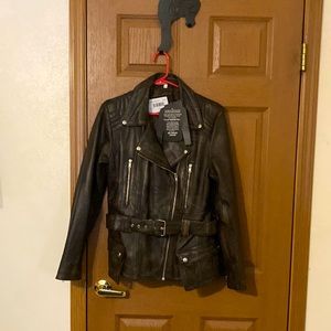 Brown distressed leather riding jacket.